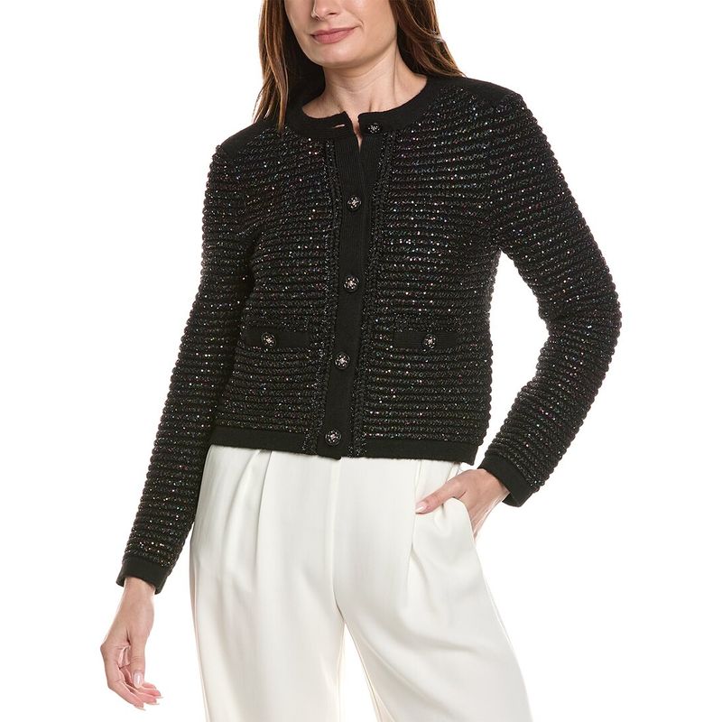 Milly Womens Sequin Textured Wool-Blend Cardigan, Black